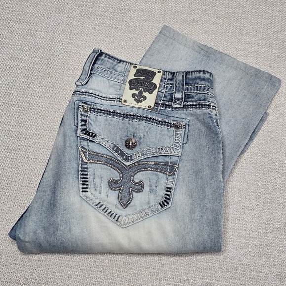 Rock Revival Xan Relaxed Straight Distressed Rockabilly Denim Jeans Men Sz 38 - Picture 1 of 13